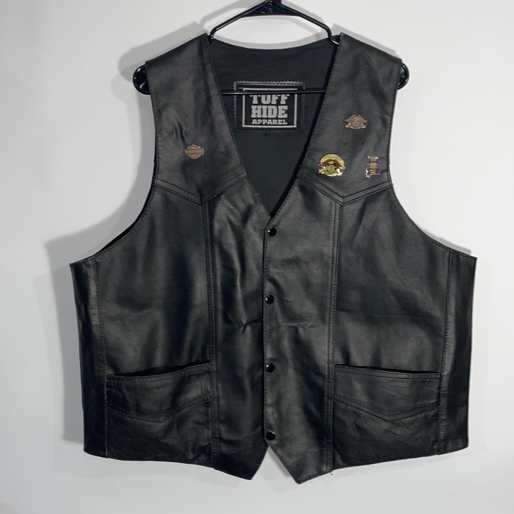 Tuff Hide Apparel Black Heavy Leather Biker Vest with vest pins.